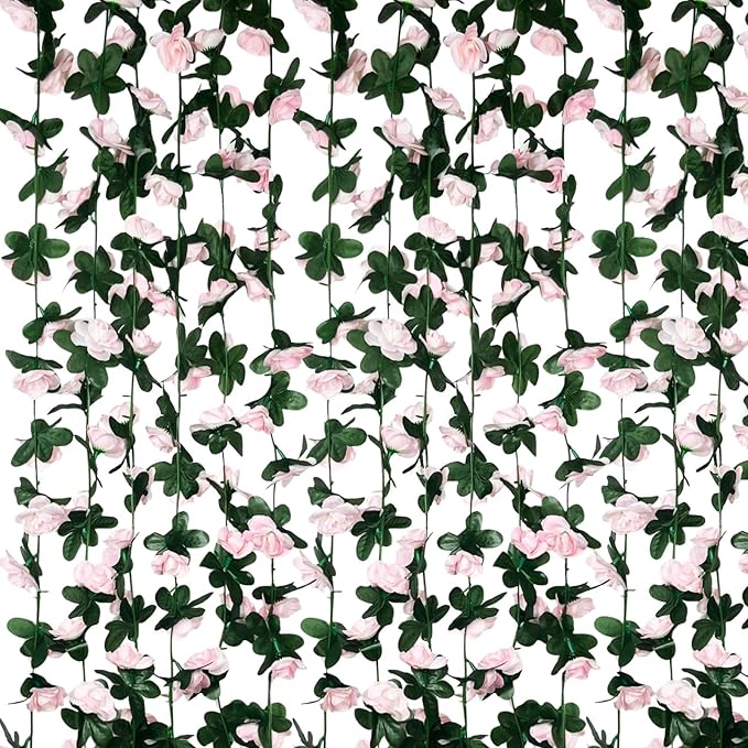 16Pcs 126Ft Light Pink Rose Garland, Fake Rose Hanging Flowers, Artificial Flower Vine, Hanging Floral Vine Garland for Wedding, Birthday Party, Wall Arch, Halloween, Christmas Garden Backdrop Decor