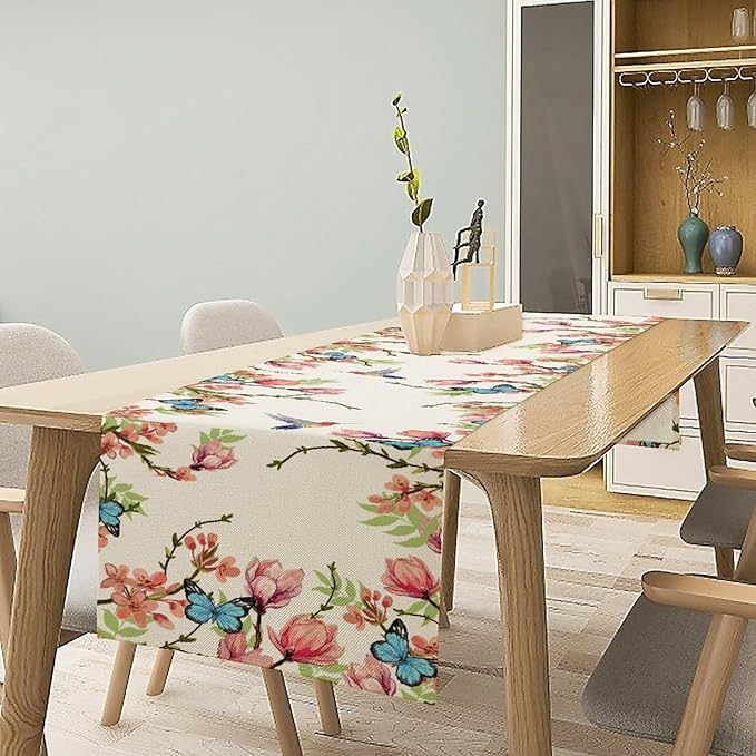 Floral Butterfly Table Runner Seasonal Spring Flower Bird Table Decoration Table Runner for Home Party Decoration 13x36 Inch