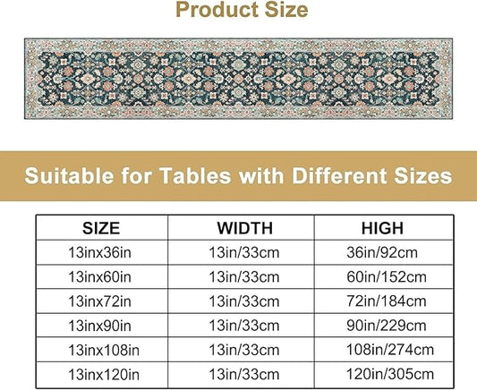 Vintage Boho Floral Table Runner, Rustic Country Farmhouse Blue Teal Red Bohemia Flower Pattern for Home Kitchen Table Decor Dining Coffee Room Party Decor 13x90in