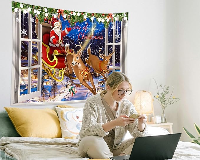QGHOT Christmas Window Tapestry Wall Hanging Christmas Backdrop Xmas Winter Window Wall Decor Santa Claus Tapestries for Bedroom Living Room Dorm Holiday Party Decoration, Extra Large