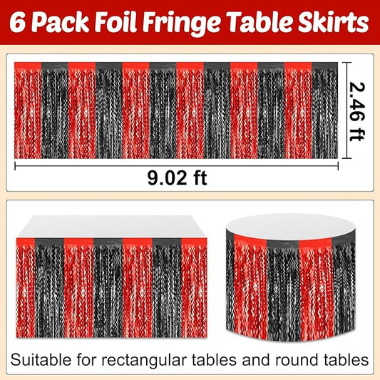 6 Pack 29x108 Inch Black Red Wave Foil Fringe Table Skirts Metallic Banner for Tinsel Streamer Garland Backdrop for Parade Floats Wedding, Mother's Day, Birthday Mardi Gras Party Decorations