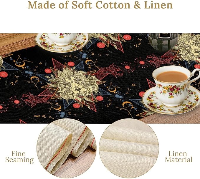 Boho Moon Lion Table Runner, Chinese Fish Phase of The Moon Sun Moon Table Runner for Kitchen Dining Table Home Party,13x60 Inch Black Red