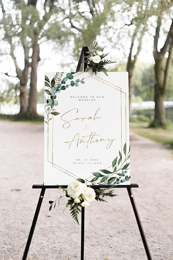 Welcome Wedding Signs, Greenery Geometric Wedding Sign Decorations Signage 12" X 18" (Small), 27" (Medium), 36" (Large), Plastic, Modern, Pole Mount, Weather