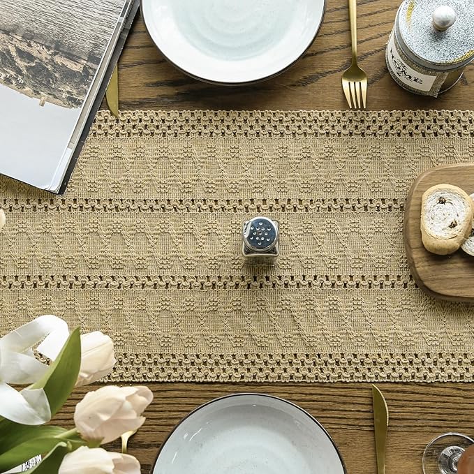 Artoid Mode Burlap Brown Farmhouse Woven Rustic Hollow Table Runner, Seasonal Holiday Hollow Kitchen Dining Table Decoration for Home Party Decor 12x48 Inch