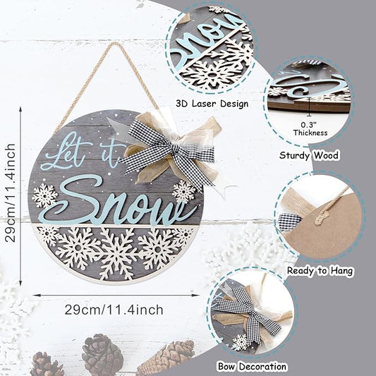 CHDITB Let It Snow Winter Decoration Sign(11.4”x11.4”), 3D Snowflake Xmas Winter Front Door Sign with Bow, Christmas New Year Housewarming Gift for Front Door Porch Farmhouse Indoor