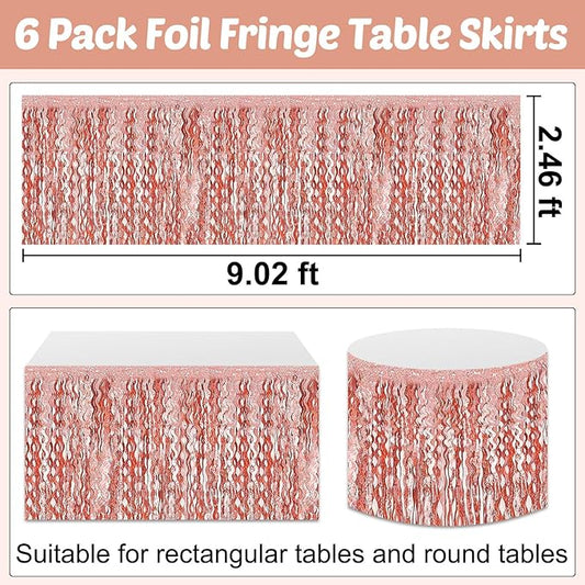 6 Pack 29x108 Inch Rose Gold Wave Foil Fringe Table Skirts Metallic Banner for Tinsel Streamer Garland Backdrop for Parade Floats Mother's, Graduate, Mardi Gras, Birthday, Wedding Party Decorations