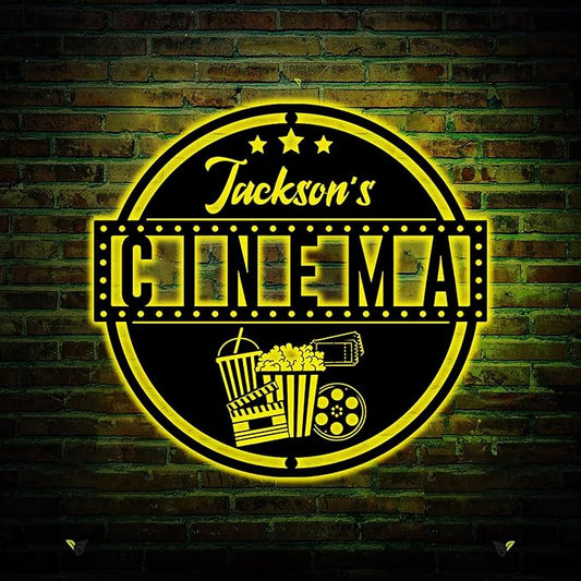 Custom Movie and Popcorn Metal Wall Art LED Light Custom Family Cinema Home Theater Name Sign Home Decor Theater Decor Xmas Birthday Gift