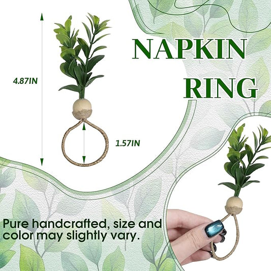 MAOANME Napkin Rings Set of 12, Rustic Eucalyptus Napkin Holder Rings with Wood Bead, Farmhouse Green Leaf Napkin Ring Bulk, Boho Napkin Ring for Wedding, Table Decor