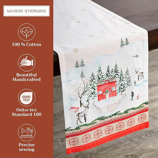 Maison d' Hermine Table Runner 100% Cotton Single Layer Table Runners 108 inches Long for Thanksgiving Christmas Decorations Home Kitchen Dining Party Wedding (Rural Christmas, 14.5" x 108")