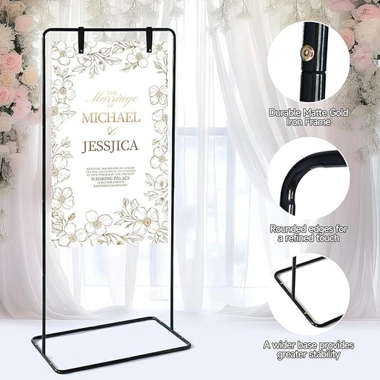 Wedding Sign Stand - Adjustable Wedding Sign W/Design Bundle & Leather Sign Hanging Straps, Durable Metal Easel Stand for Wedding Welcome Signs, Seating Charts, Ceremony & Reception Decor (Black)