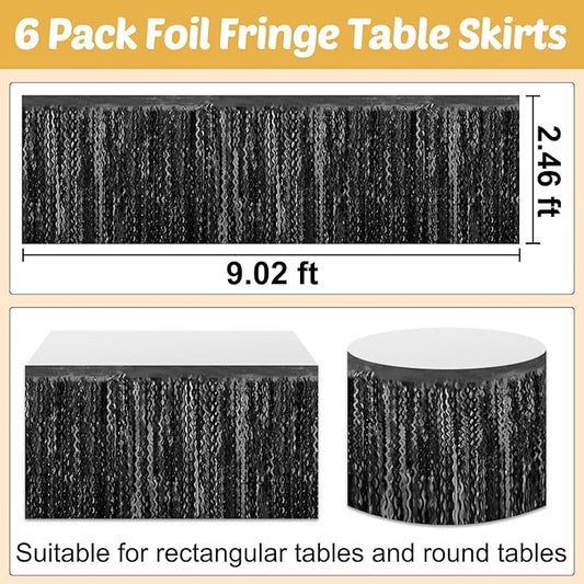 6 Pack 29x108 Inch Black Wave Foil Fringe Table Skirts Metallic Banner for Tinsel Streamer Garland Backdrop for Parade Floats Wedding, Mother's Day, Birthday Mardi Gras Party Decorations