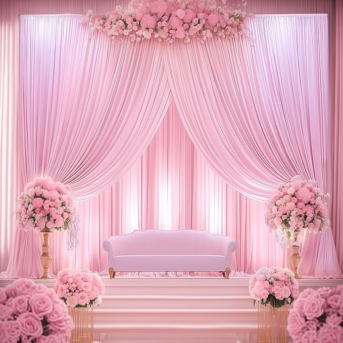 50ftx14FT Wrinkle Free Pink Backdrop Curtain, 10 Panels 14FT Height Pink Wedding Backdrop Drapes, Silky Polyester Back Drop Cloth for Birthday Photography Background Party Backdrop Draping