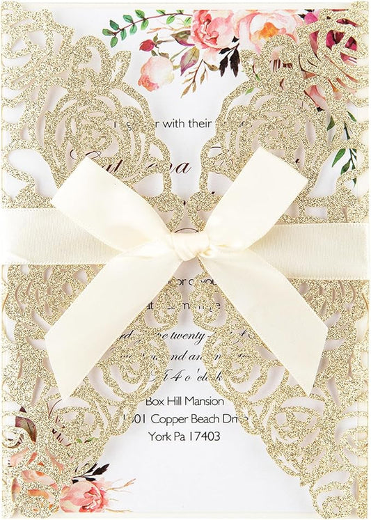 50pcs Gold Glitter Laser Cut Invitation Pockets Rose Personalized Blank Wedding Invitations with Envelopes and Rsvp Cards for Wedding Bridal Shower QuinceañEra Engagement Party Invite