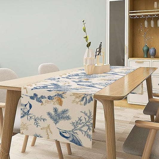 Floral Table Runner,Sketch Birds and Flowers Summer Table Runner Kitchen Dining Table Decoration for Home Party Decor 13x72 Inch