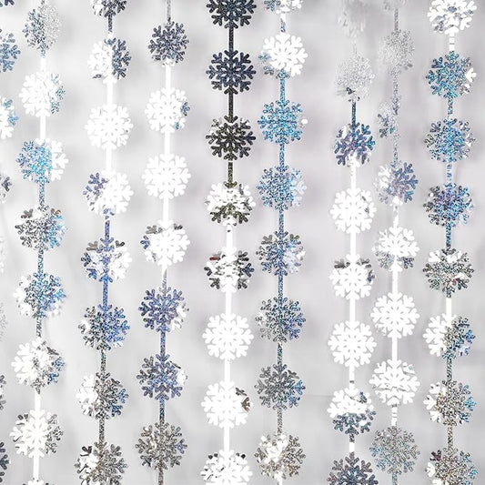 BRAVESHINE Silver Party Snowflake Backdrop - 2 Pack Hanging Foil Fringe Snow Flakes Party Streamers Curtain for Christmas Winter-Themed Frozen Birthday Baby Shower Holiday New Year Party Decorations