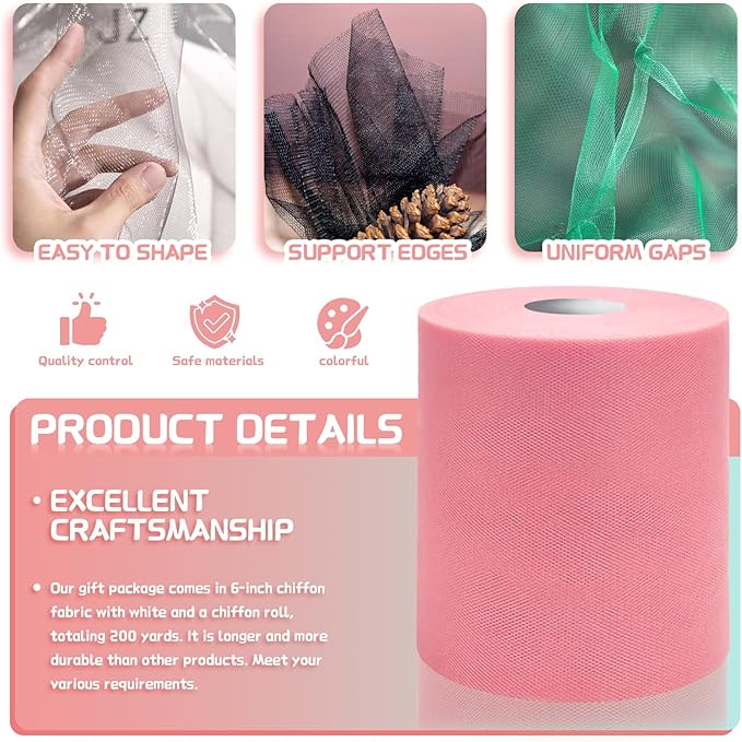 6" x 200 Yards Dusty Rose Tulle Fabric Rolls, Matte Spool Tulle Ribbon for DIY Tutu Skirt Wedding Decoration Baby Shower Birthday Party Backdrop Christmas Gift Wrapping Bow Craft Supplies