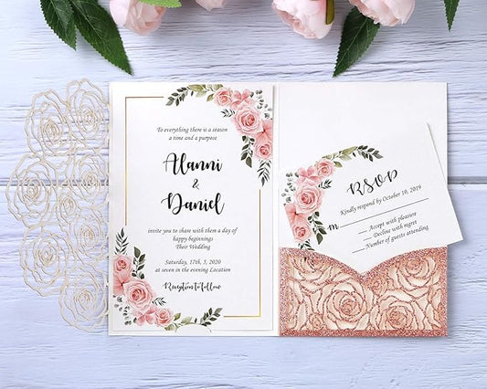 20 Pcs Laser Cut Wedding Invitations Card Pocket with Envelope for Birthday Party Baby or Bride Shower Invite suitable for 5 * 7 Inches Insert Paper (Rose Gold Glitter)