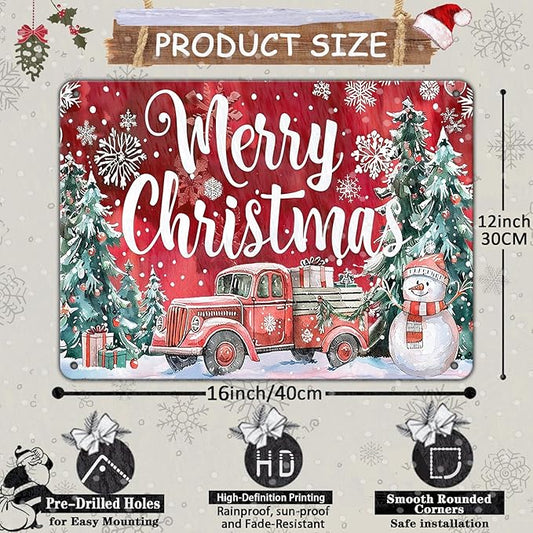 Christmas Truck Metal Tin Sign Merry Christmas Sign Funny Snowman Tin Sign Christmas Tree House Decoration for Indoor Home House Decor Party Supplies 12x16Inch