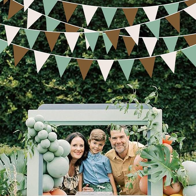 32Ft Sage Green Brown Party Decorations Retro Colored Triangle Flag Fabric Banner Pennant Bunting Garland Streamers for Birthday Wedding Baby Shower Jungle Safari Summer Christmas Outdoor Party Decor