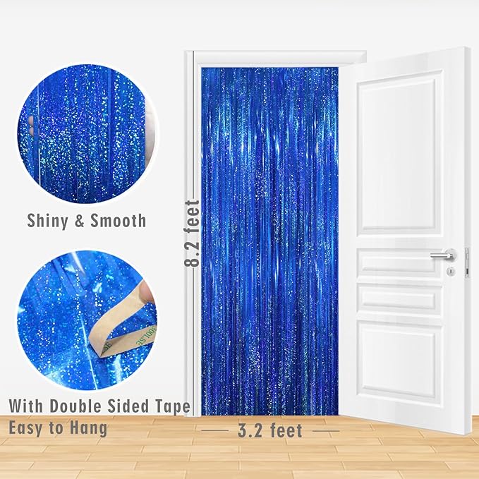 GOER 3.2 ft x 8.2 ft Metallic Tinsel Foil Fringe Curtains Party Photo Backdrop Party Streamers for Birthday,Graduation,New Year Eve Decorations Wedding Decor(4 Packs,Shiny Blue)