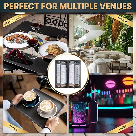 2 Pack 6 View Menu Holder Menu Covers 4.25" x 11" | Black Leather Menu Sleeves Book Style for Restaurant Coffee Bars Wine List