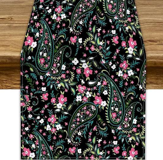 Paisley Table Runner, Abstract Vintage Boho Pink Paisley Flowers Green Teal Leaves Print Table Runner for Dinning Holiday Party Indoor Outdoor Decor, 13x90inch