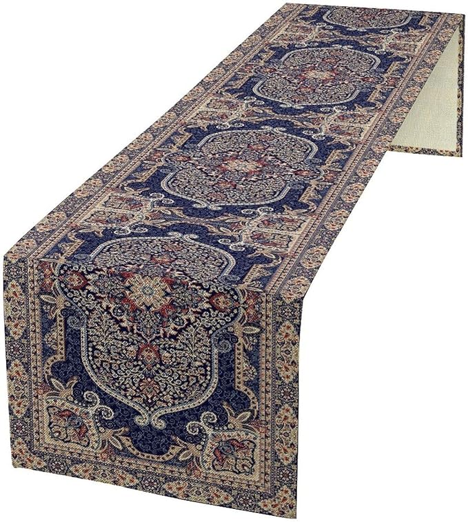 Vintage Boho Floral Table Runner, French Rustic Country Farmhouse Purple Golden Bohemia Flower Pattern for Home Kitchen Table Decor Dining Coffee Room Party Decor 13x120in