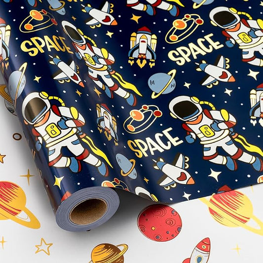 Yarcony Space Wrapping Paper Roll, Birthday Wrapping Paper for Boys, Navy Blue Astronaut Gift Wrap for Kids Birthday Outer Space Party Decor RocketShip Wrap Galaxy Planets Stars (17 Inch X 33 Feet)