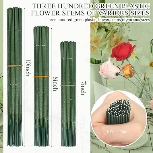 300pcs Artificial Flower Stems, 6.7in、8in、10in Plastic Green Floral Wire Stems for Artificial Flower Making, DIY Crafts Bouquet Stem Arrangements Decor Supplies