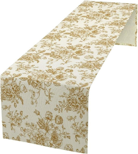 Retro Floral Table Runner, Golden White Wildfloral Sketch Print Kitchen Dinning Table Runner for Indoor Outdoor Home Wedding Party Holiday, 13x36 Inch