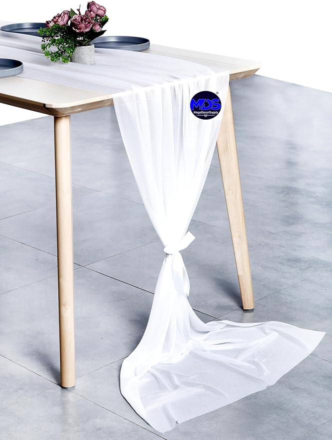 MDS 2 Pack 14ft Chiffon Table Runner 29 x 170 Inches Sheer Wedding Runner Romantic Rustic Table Runner for Wedding Decorations, Birthday Parties, Bridal Shower Party Arch Decor - White