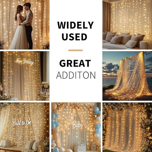 Champagne Tulle Backdrop Curtain with Lights String - 10x8ft Sheer Backdrop with 250 LEDs for Wedding, Baby Shower, Bridal Shower, Birthday Party Photo Shoot Background and Home Decorations