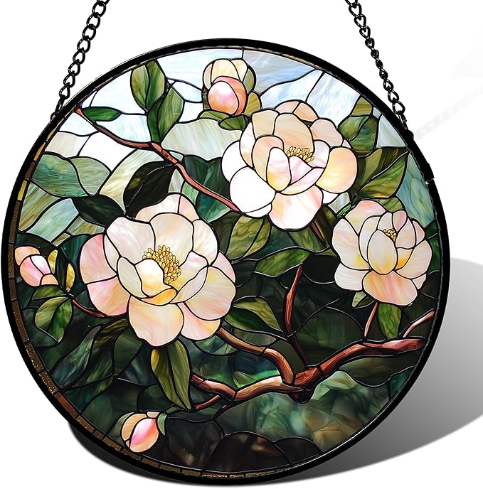 Stained Glass Suncatcher, Light Pink Flowers Green Leaf Sun Catcher Plant Stain Glass Window Hanging Decoration Mother's Day Birthday Gifts for Women Men Mom Nana 7.8 in