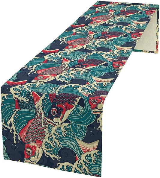 Kio Fish Table Runner Waves Japanese Tradition Art Printed Burlap Runner Home Kitchen Dining Table Living Room Decor Fabric 1 Panel W13xL70in