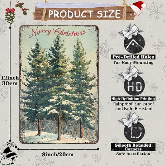 Vintage Christmas Decor Sign Christmas Tree Metal Tin Sign Merry Christmas Retro Tin Sign for Holiday Wall Decor Outdoor Cafe Living Room Bedroom 8x12Inch
