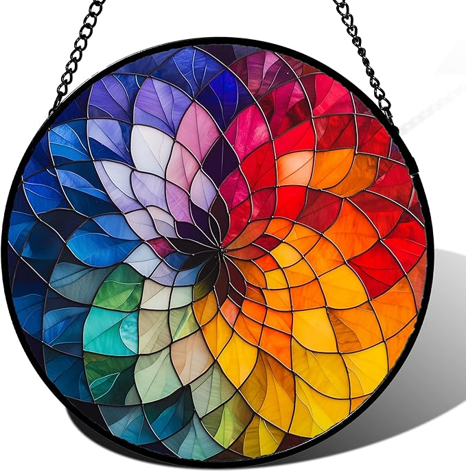 Stained Glass Window Hanging - Colorful Flowers Sun Catcher for Door Terrace Garden Home Decor, Abstract Gradient Suncatcher Birthday Gifts for Lovers Women Men Dad Mom Nana 9.8 in