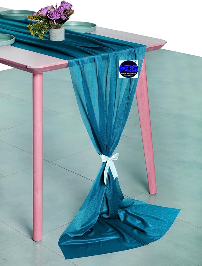 MDS 5 Pack 10ft Chiffon Table Runner 29 x 120 Inches Sheer Wedding Runner Romantic Rustic Table Runner for Wedding Decorations, Birthday Parties, Bridal Shower Party Arch Decor - Dark Teal