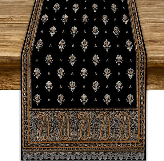 Vintage Paisley Table Runner, Boho Brown Black Flowers Leaves Print Table Runner for Home Dining Kitchen Table Party Wedding Decor, 13x120inch