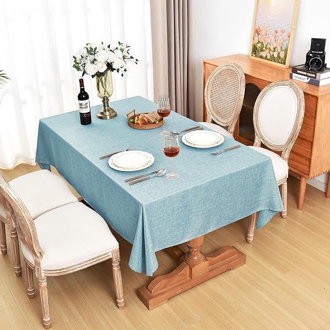 Fitable Faux Linen Tablecloths Rectangle 60 x 120 Inch - 2 Pack Waterproof Table Clothes for 8 Foot Tables, Turquoise Flax Look Kitchen Table Covers for Farmhouse, Dining, Party, Banquet, Buffet