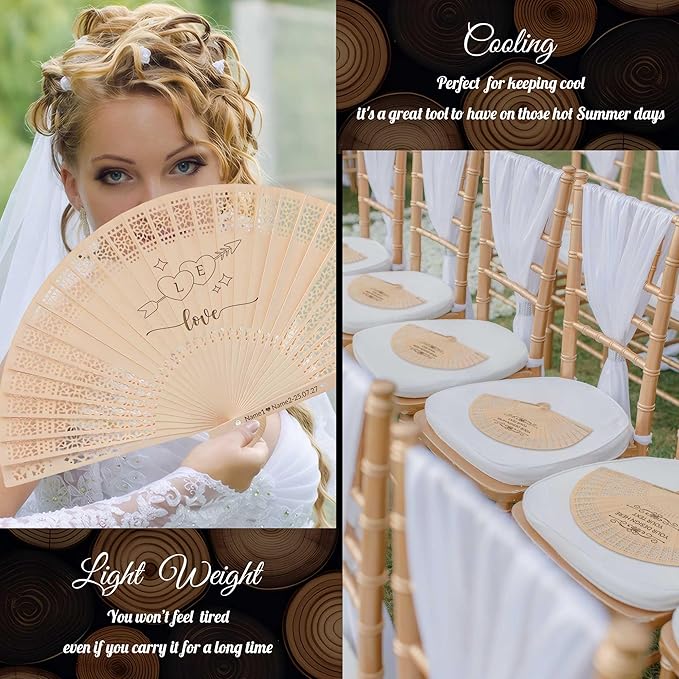 50 PCS Custom Fans Personalized Folding Fans for Line Dancing Wooden Hand Fan Wedding Favors Bulk Fans for Guests Party Event Use (Style05)
