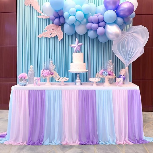 6ft Pink Blue Purple Tulle Table Skirts for Mermaid Baby Shower Birthday Party Wedding Pastel Tutu Table Cloth Cover for Rectangle Tables or Round Tables