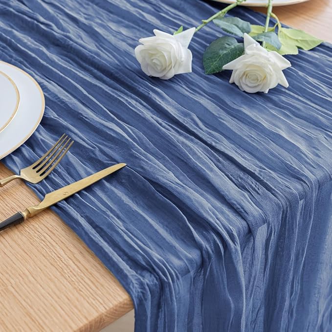 Asee'm Cheesecloth Table Runner 120 Inches Blue Boho Gauze Cheese Cloth Runner 10FT Rustic Sheer Dining Table Runners for Fall Thanksgiving Wedding Baby Shower Centerpiece Decoration