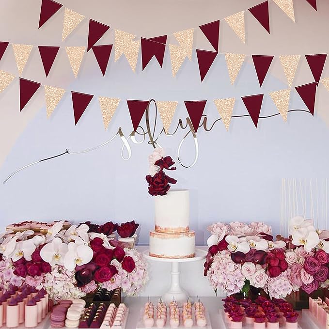Burgundy Party Decorations Maroon Champagne Gold Triangle Banner Flag Bunting Pennant for Birthday Engagement Wedding Bridal Shower Baby Shower Anniversary Bachelorette Hen Party Decorations Supplies