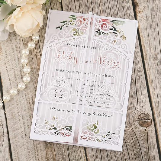 50Pcs White Laser Cut Invitations Fence Wedding Invitations Pocket with Envelopes and RSVP Cards for Wedding Quinceañera Engagement House Warming Invites, Blank Wedding Invitation Card Customizable