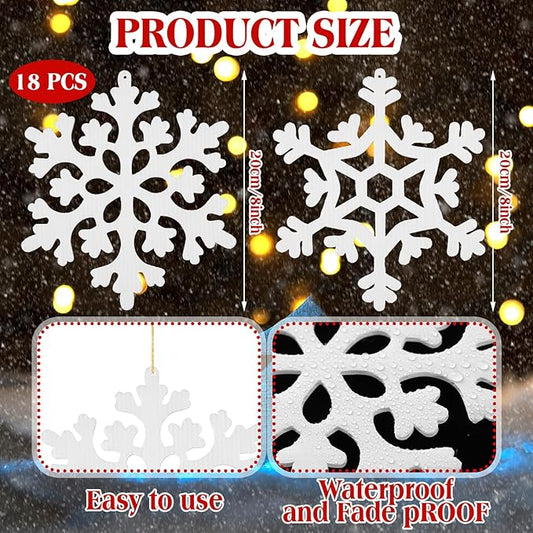 18 Pcs Large Christmas Snowflake Decorations, 8 Inch White Snowflake Hanging Ornaments Plastic Christmas Yard Decorations for Winter Indoor Outdoor Xmas Tree Holiday Yard Lawn Decor