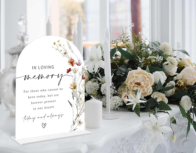 Boho Floral In Loving Memory Sign, 6 x 8 Inch White Arch Acrylic Wedding Sign with Holder, Wedding Sign for Ceremony and Reception, Wedding Decoration, Wedding Supplies - BX04