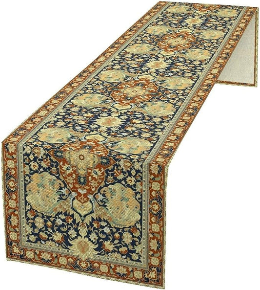Vintage Boho Floral Table Runner, Elegant Luxurious Rustic Country Farmhouse Navy Blue Gold Retro Flower Pattern for Home Kitchen Table Decor Dining Coffee Room Party Decor 13x60in