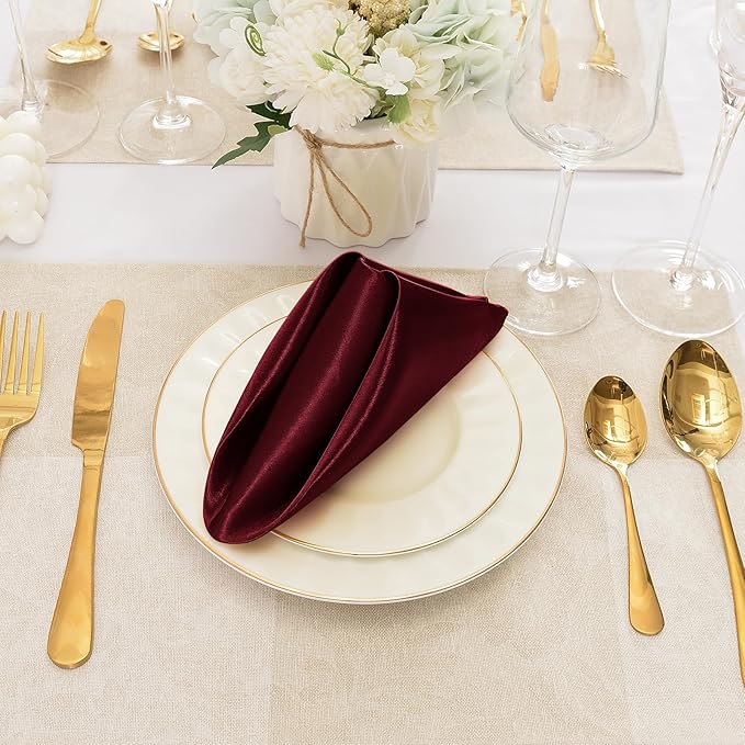 50 Pieces Burgundy Satin Napkins, 17" x 17" Square Table Napkins, Silky Soft Smooth Washable Napkins for Restaurant, Weddings, Dinner, Party Decoration