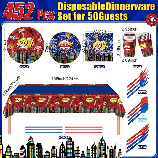 452 Pcs Spider Themed Birthday Party Supplies for 50 Guests, Hero Theme Paper Plates Napkins Cups Tablecloth Cutlery Straws Tableware for Red Blue Halloween Birthday Party Decorations