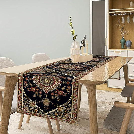 Vintage Boho Floral Table Runner, Rustic Country Farmhouse Black Bohemia Flower Pattern for Home Kitchen Table Decor Dining Cafe Room Wedding Party Decor 13x72in
